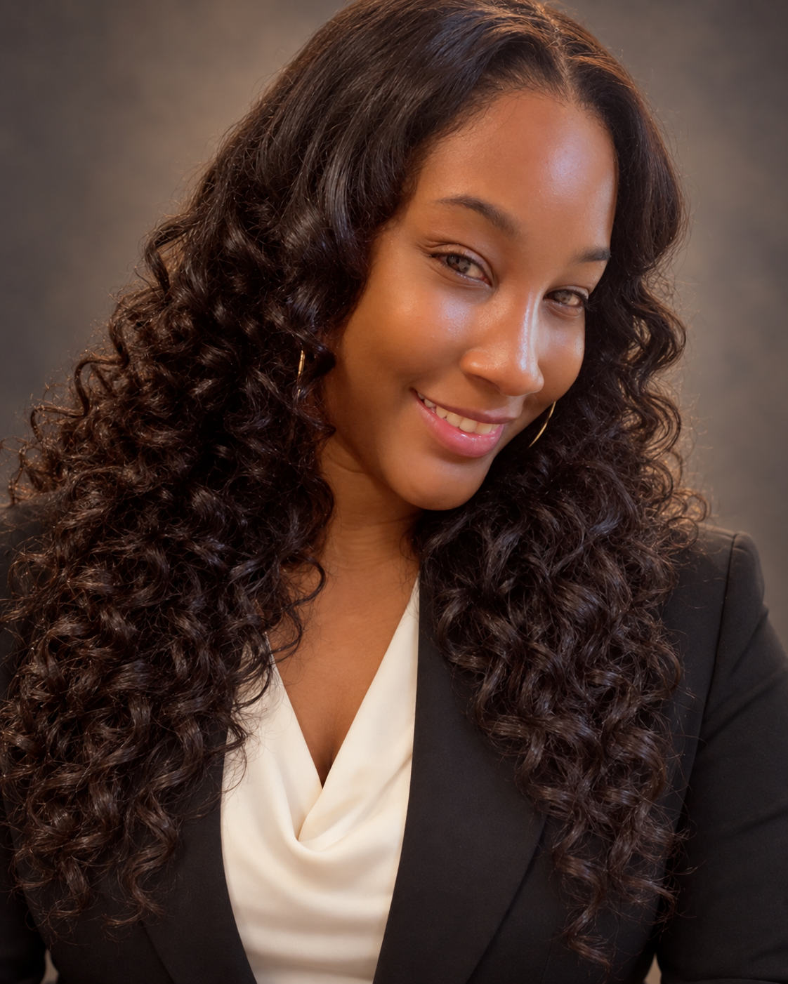 Author Sharonda Rose smiling, wearing a black blazer and ivory blouse